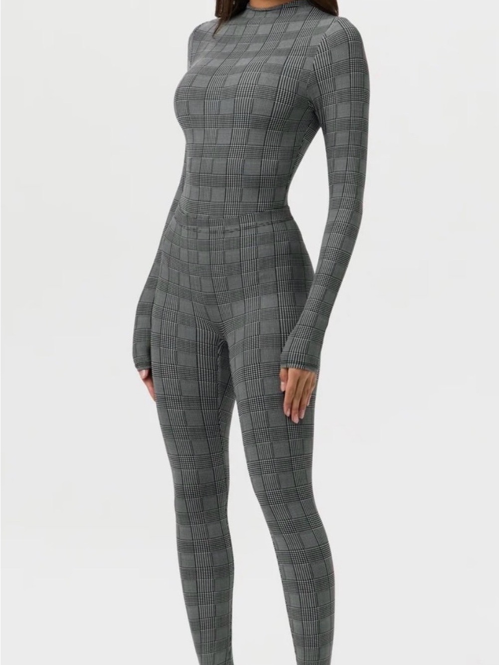 naked wardrobe Gray Plaid High-Neck Jumpsuit Leggings